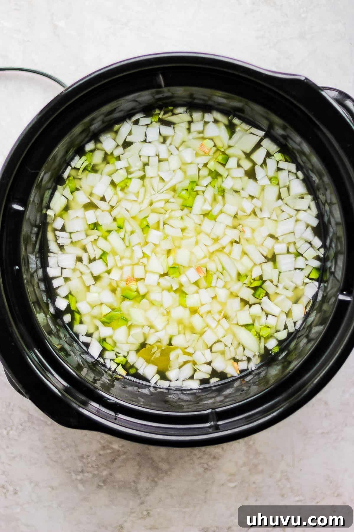 Easy Slow Cooker Pinto Beans 6 A crock pot filled with onions, peppers, broth, and pinto beans.