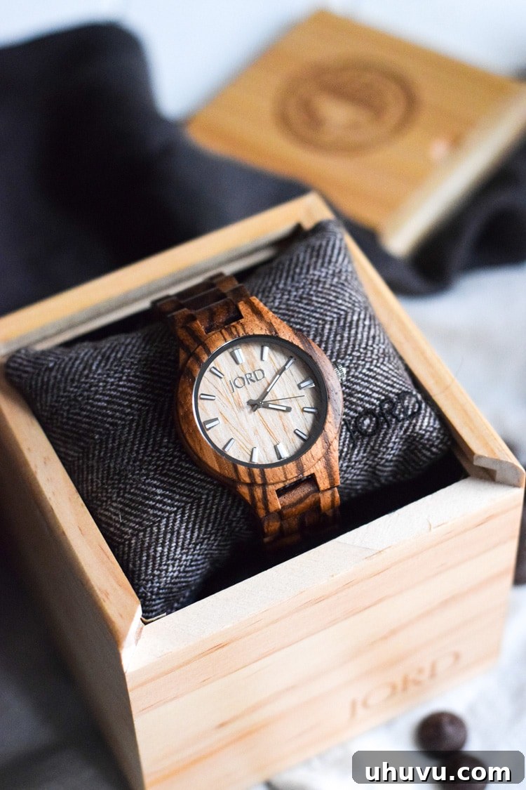 Crisp Cocoa Pepita Biscotti 5 Elegant JORD Wood Watch, Fieldcrest Zebrawood & Maple model, showcasing its unique craftsmanship and natural beauty.