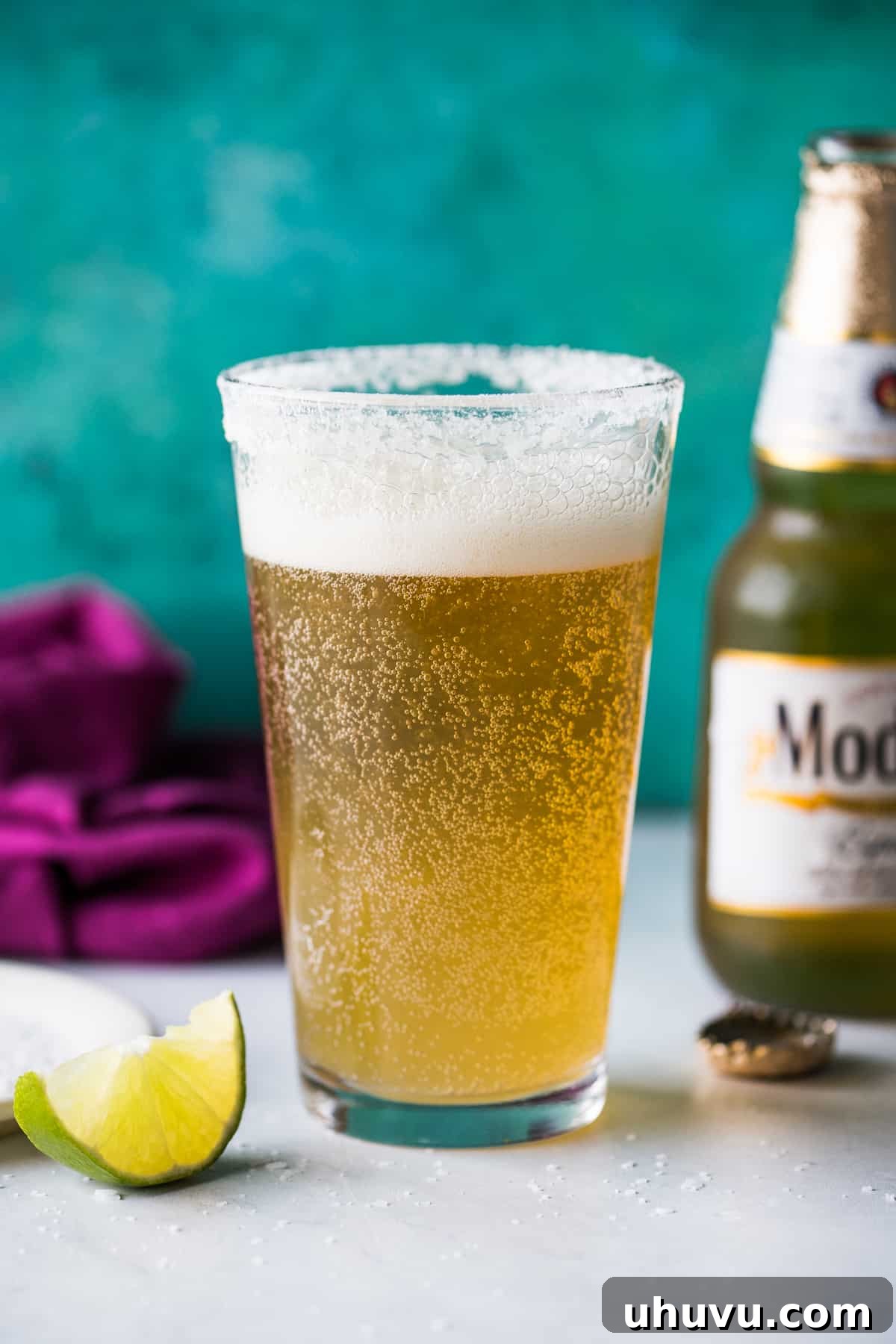 Zesty Brew Creation 2 A Mexican chelada in a pint glass ready to drink.