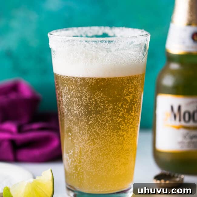 Zesty Brew Creation 7 A Mexican chelada in a pint glass ready to drink.