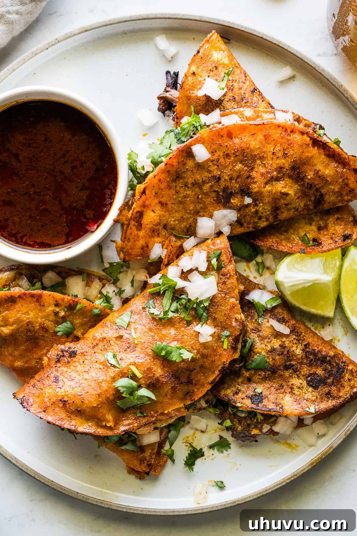 Birria tacos on a plate served with birria consomé and topped with diced white onion, cilantro, and limes.
