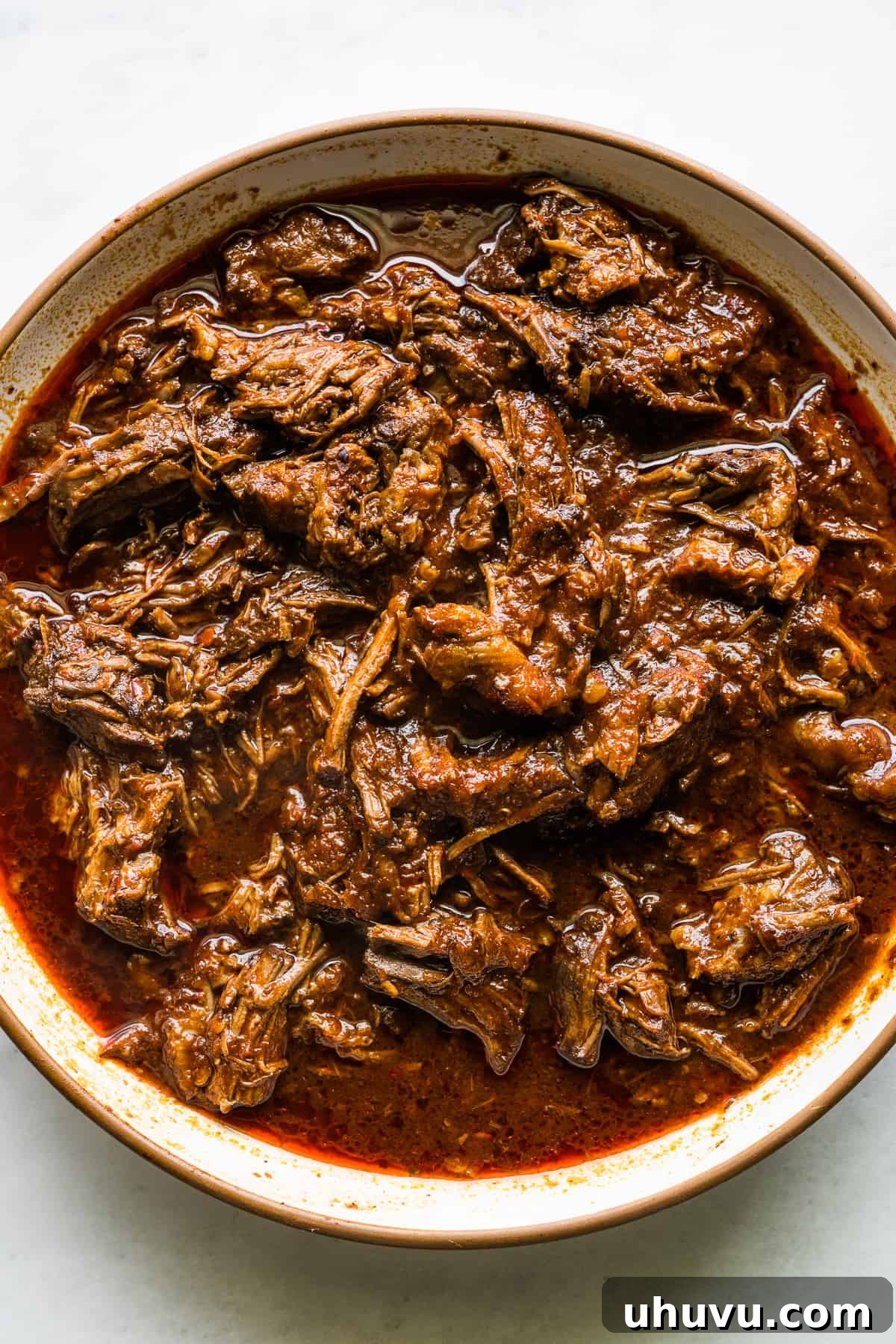 A bowl of birria on a table for making birria tacos.