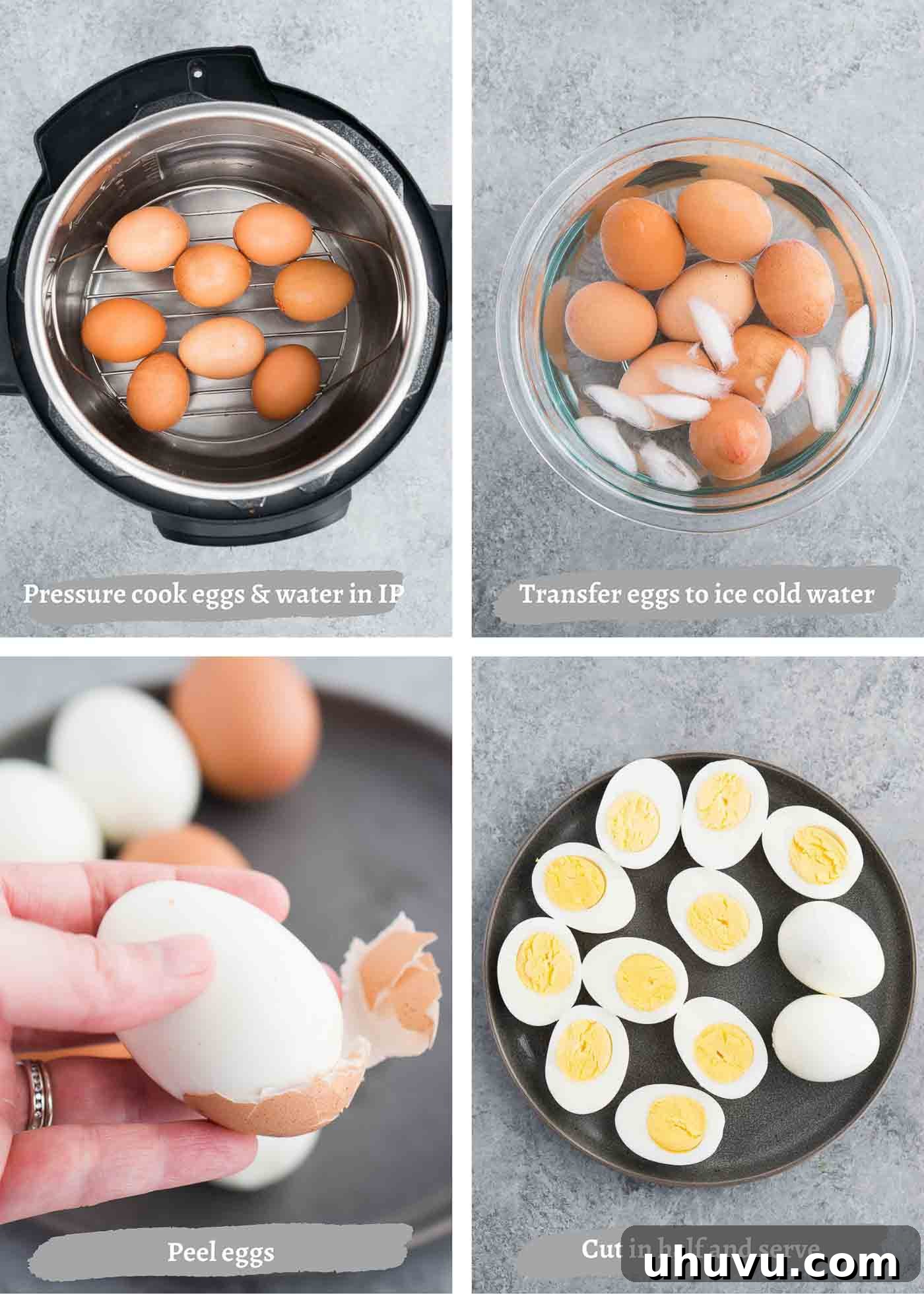 Foolproof Instant Pot Hard Boiled Eggs 4 process images of pressure cooking eggs