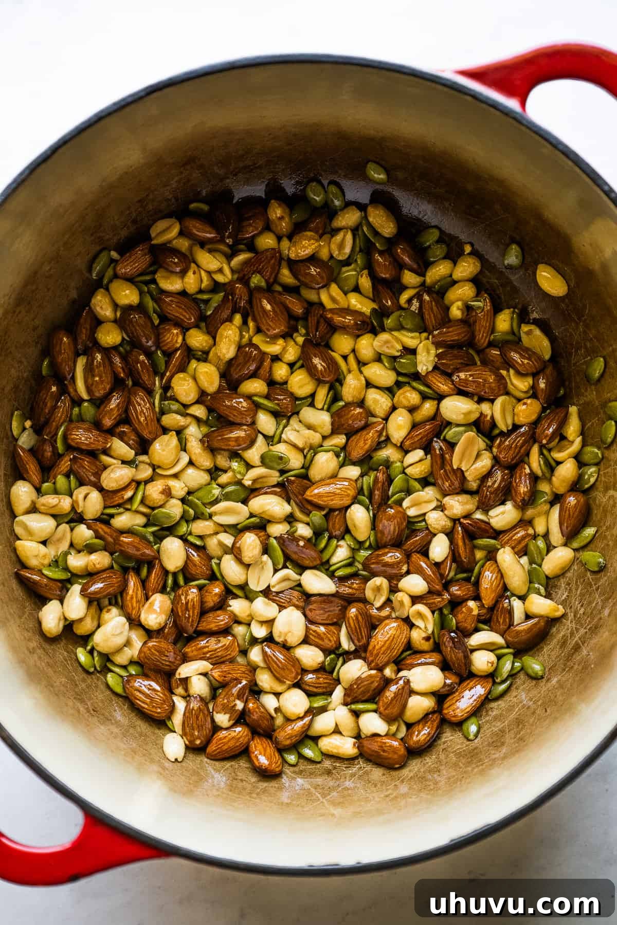 Classic Mexican Mole Poblano Sauce 6 A mix of nuts and seeds, including almonds, peanuts, and pumpkin seeds, toasting in a pot, releasing their aromatic oils.