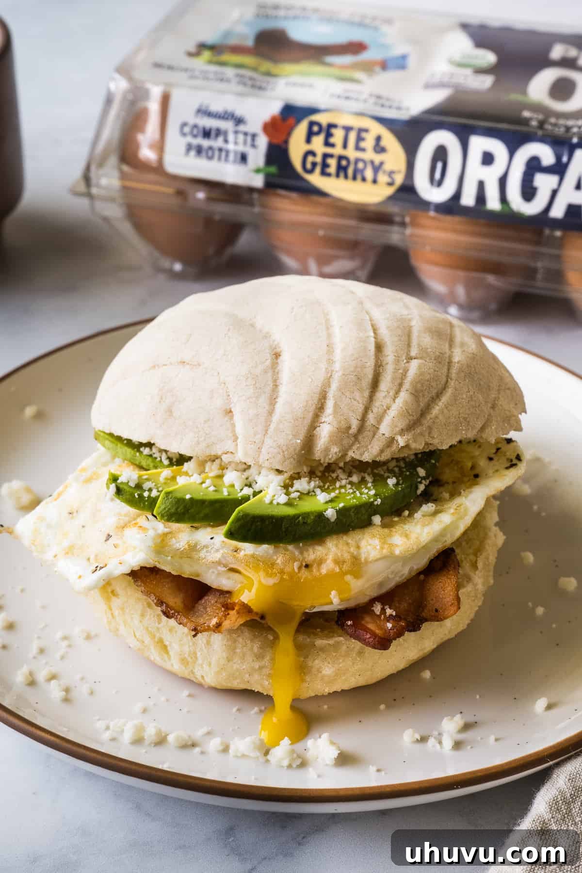 Concha Sunrise Sandwich 2 A concha breakfast sandwich on a plate made from bacon, a fried egg, avocado, cotija cheese, and a maple concha bun.