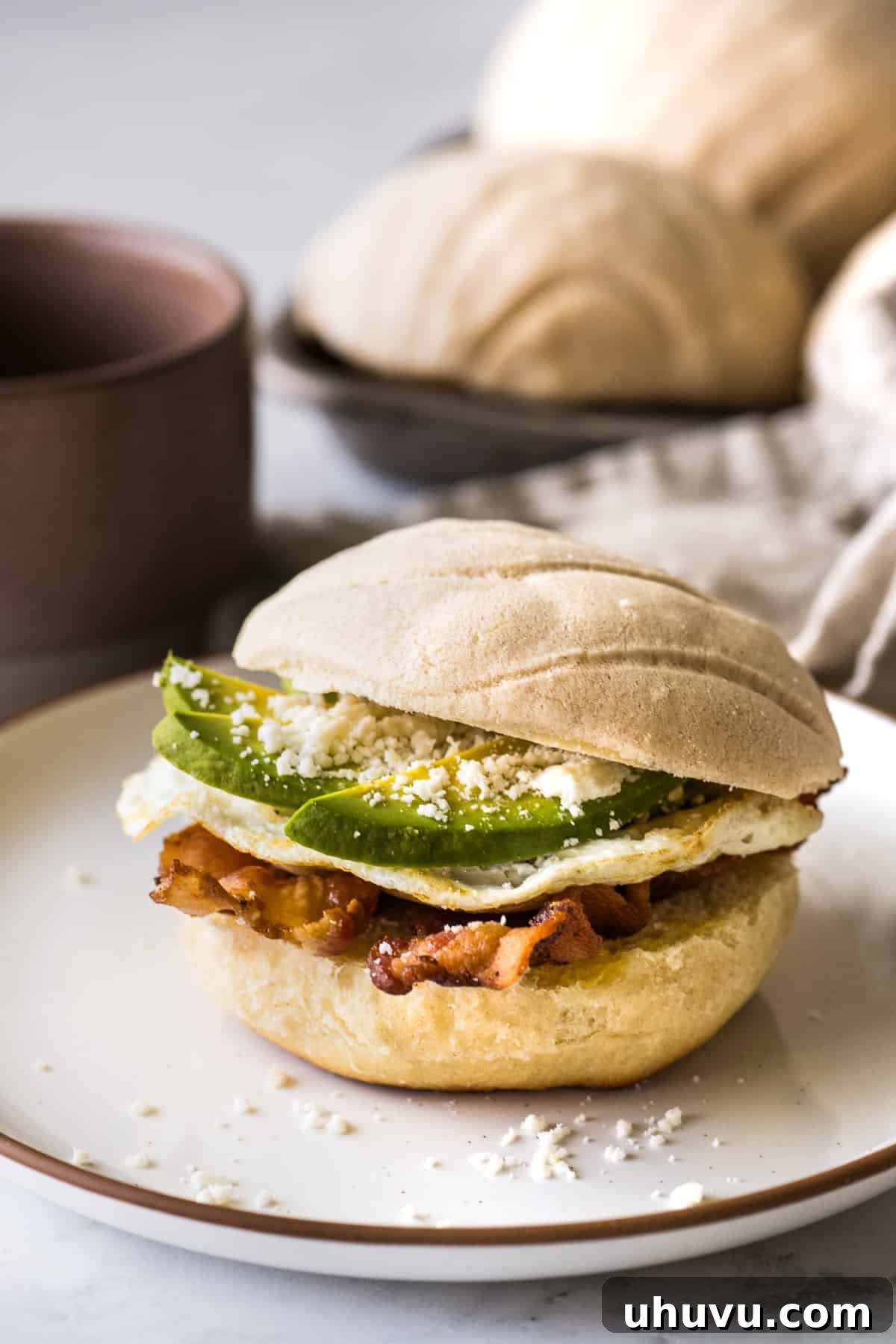Concha Sunrise Sandwich 9 A delectable concha breakfast sandwich on a plate, with a steaming cup of coffee in the background.