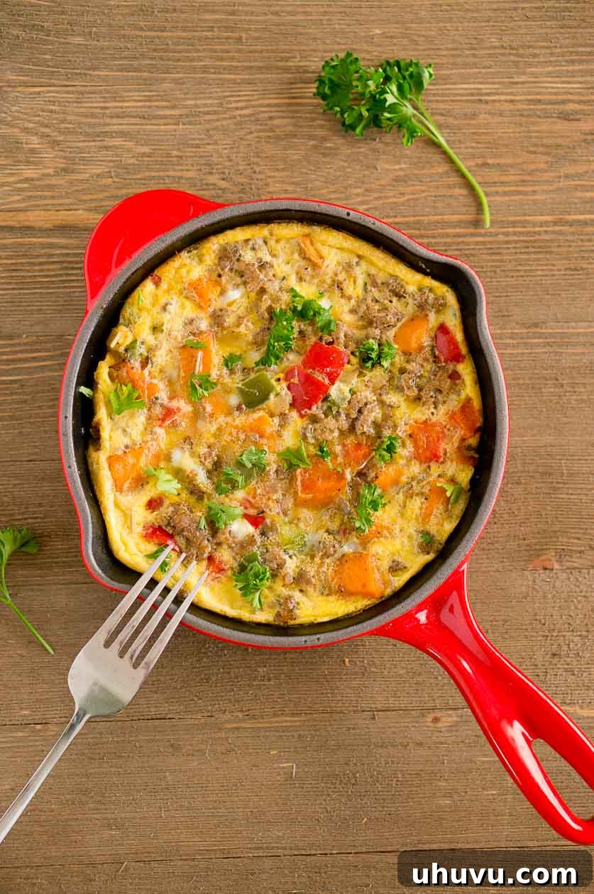Individual Sweet Potato Sausage Frittatas in small cast iron skillets for serving