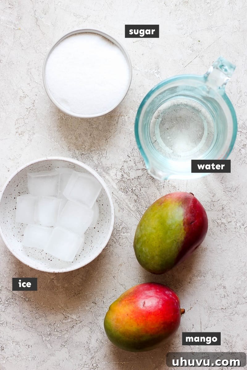 Arrangement of ingredients for mango raspados, including fresh diced mango, granulated sugar, and ice cubes, neatly displayed on a rustic wooden table.