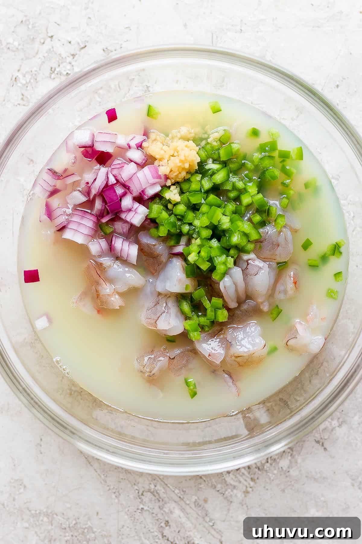 Ceviche The Zesty Seafood Sensation 5 Lemon juice, lime juice, red onion, garlic, jalapeño, and shrimp in a bowl.