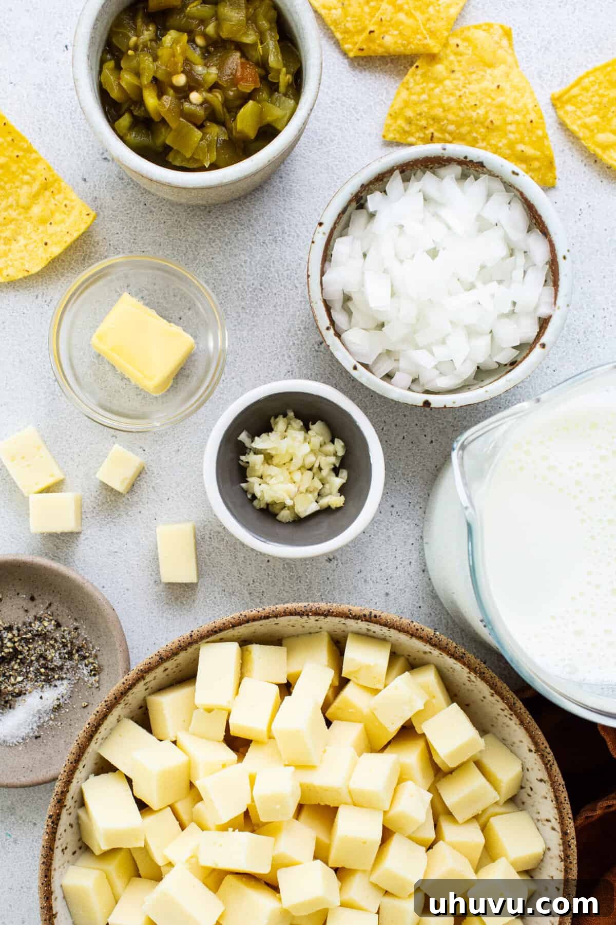 Pure White Cheese 3 All the fresh ingredients for Queso Blanco, including block white American cheese, a can of diced green chiles, a bulb of garlic, and a white onion, laid out on a rustic wooden table.