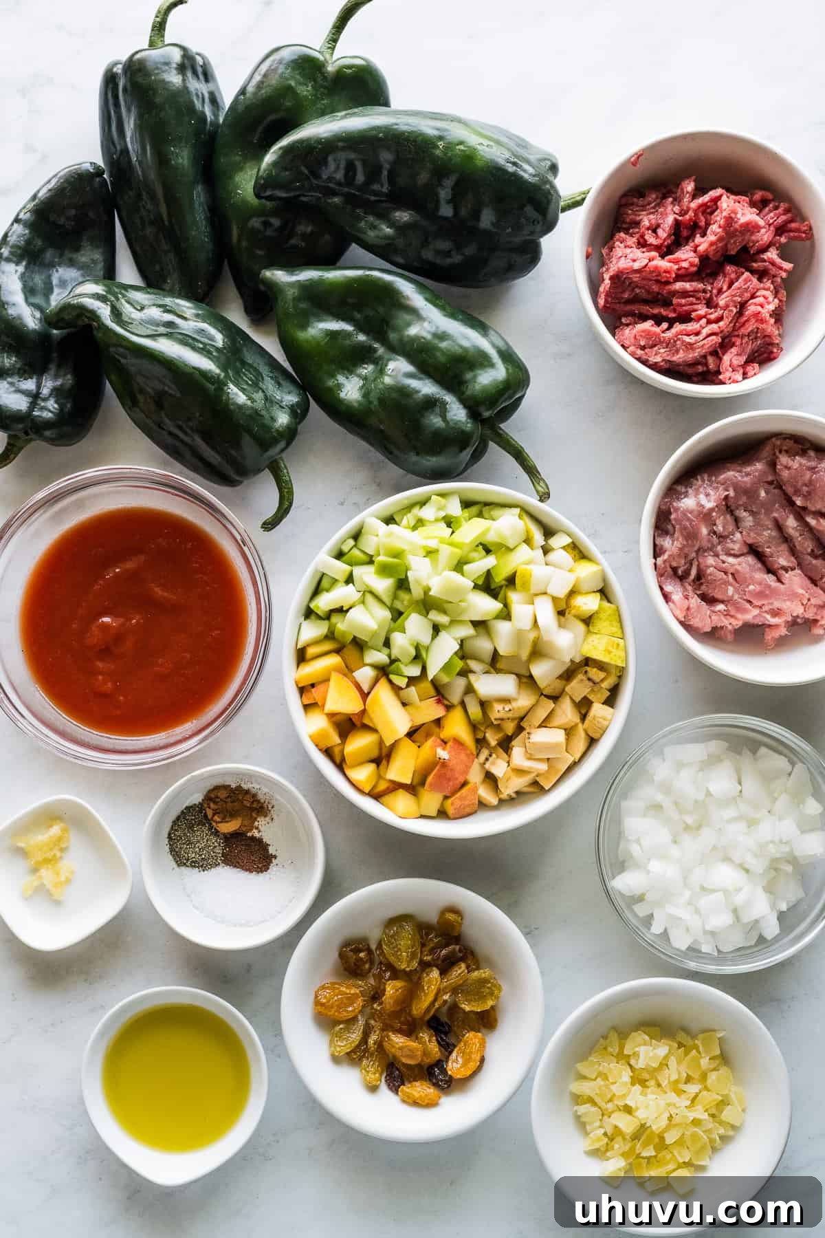 Ingredients for chiles en nogada chiles on a table.