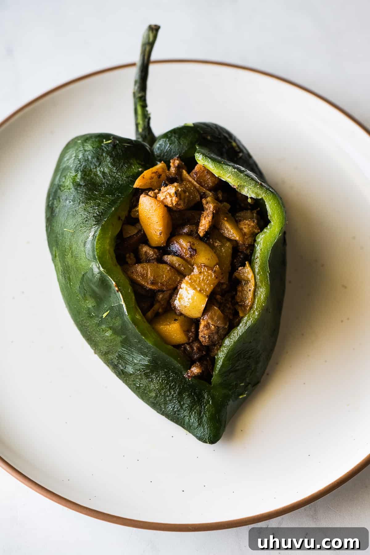 A roasted and peeled poblano pepper stuffed with chile en nogada filling.