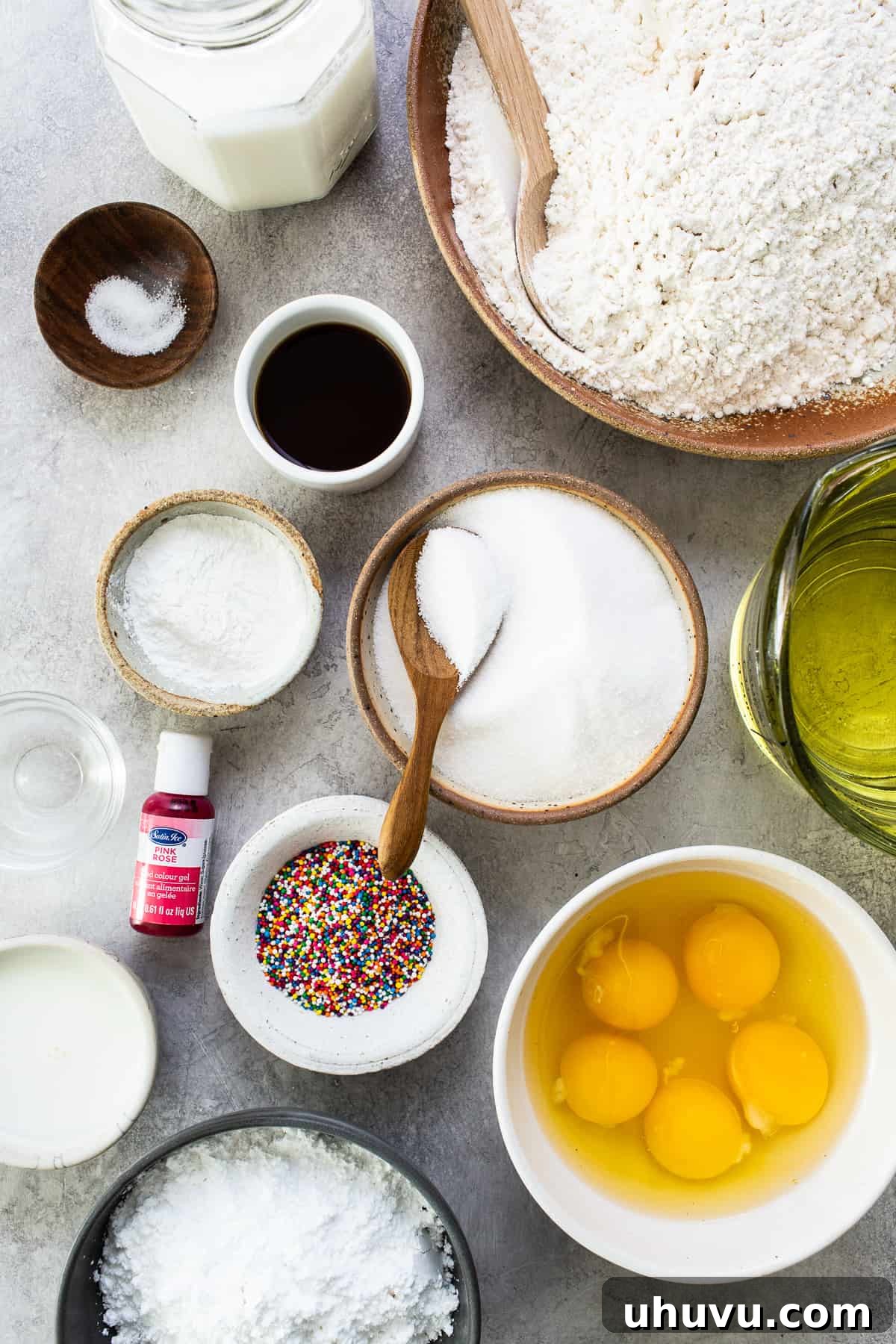 Mexico's Iconic Pink Cortadillo 3 Ingredients for Cortadillo, the Mexican Pink Cake, laid out on a table for baking.
