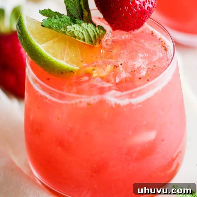 Agua de fresa (strawberry agua fresca) in a glass garnished with mint leaves, a lime wedge, and a fresh strawberry.