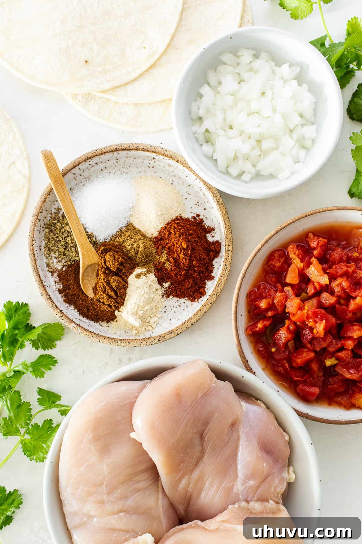 Ingredients for crockpot chicken tacos, including chicken breasts, canned tomatoes, onion, and spices, laid out on a table.