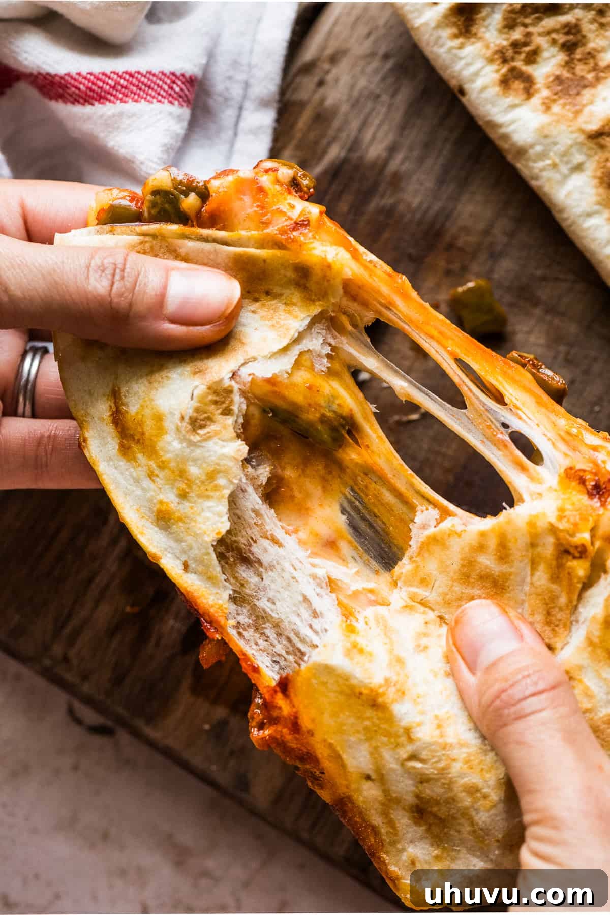 Spicy Nopal Quesadillas 12 A delicious quesadilla being pulled apart, showcasing the irresistible stretchy, melted Chihuahua cheese and savory nopales filling.