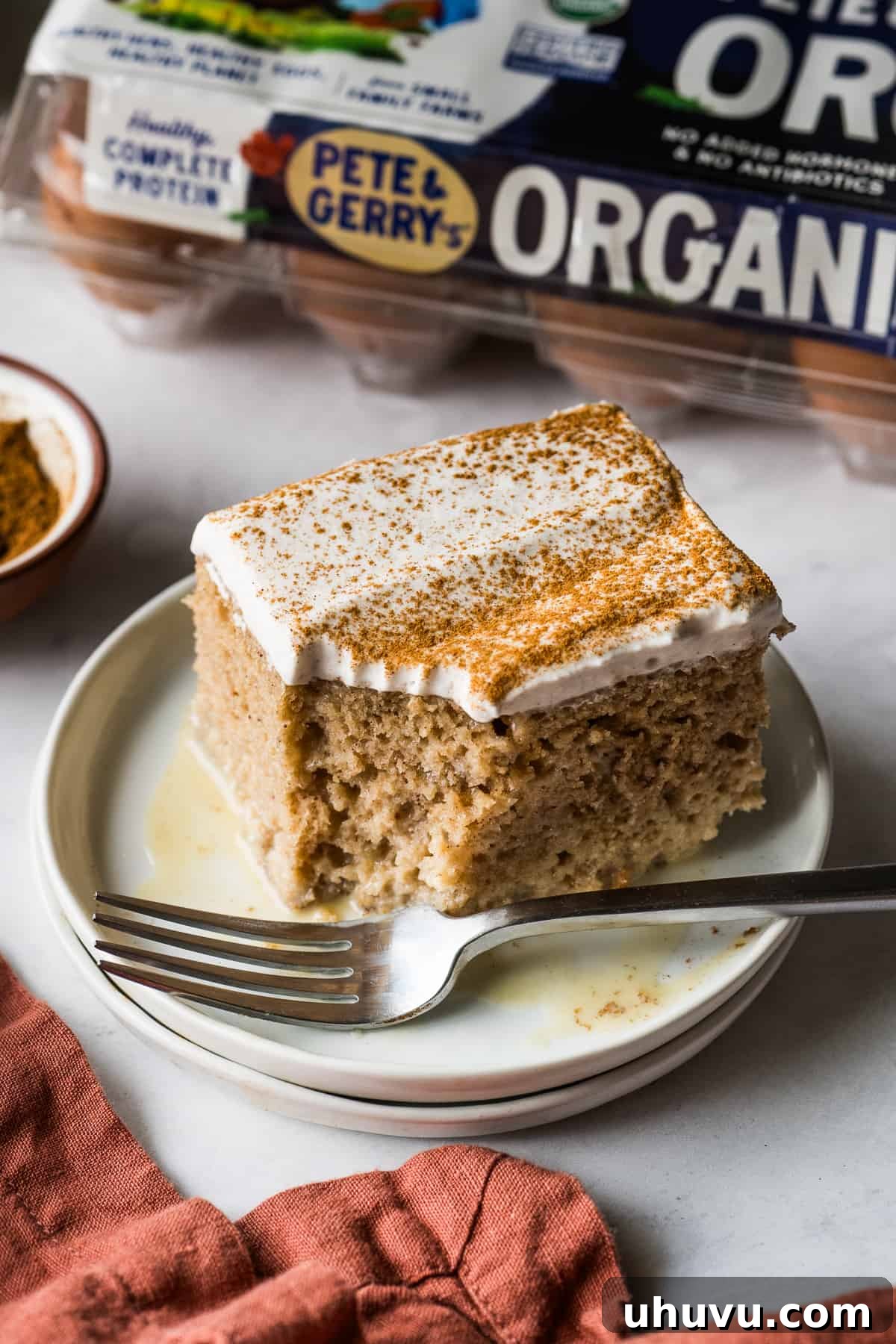 Spiced Apple Tres Leches Dream 2 A slice of moist apple cinnamon tres leches cake topped with cinnamon whipped cream and a dusting of cinnamon, on a white plate, ready to be served during fall or winter holidays.