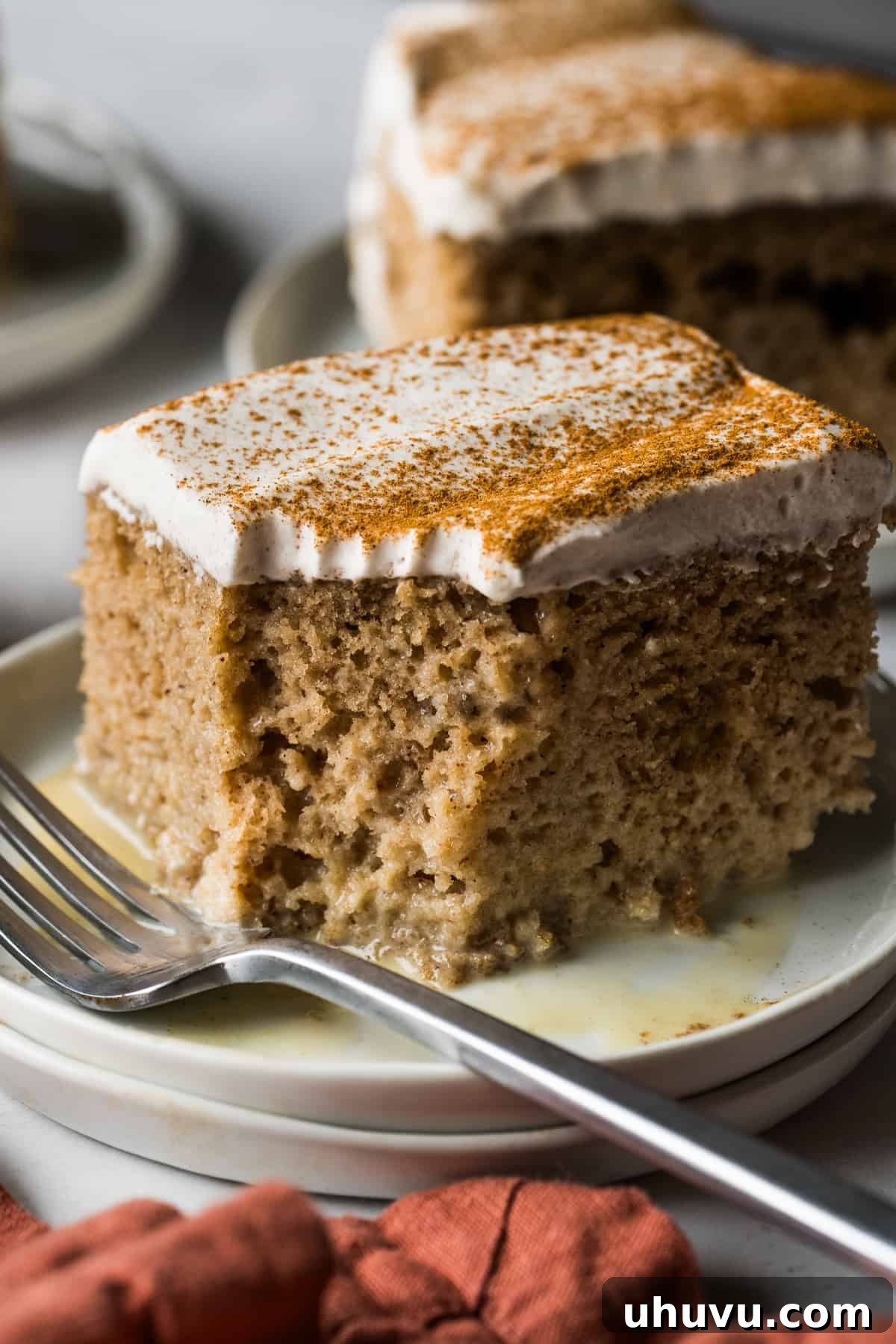 Spiced Apple Tres Leches Dream 8 A perfectly portioned slice of apple tres leches cake on a white plate, garnished with cinnamon, inviting viewers to enjoy this fall and winter dessert.