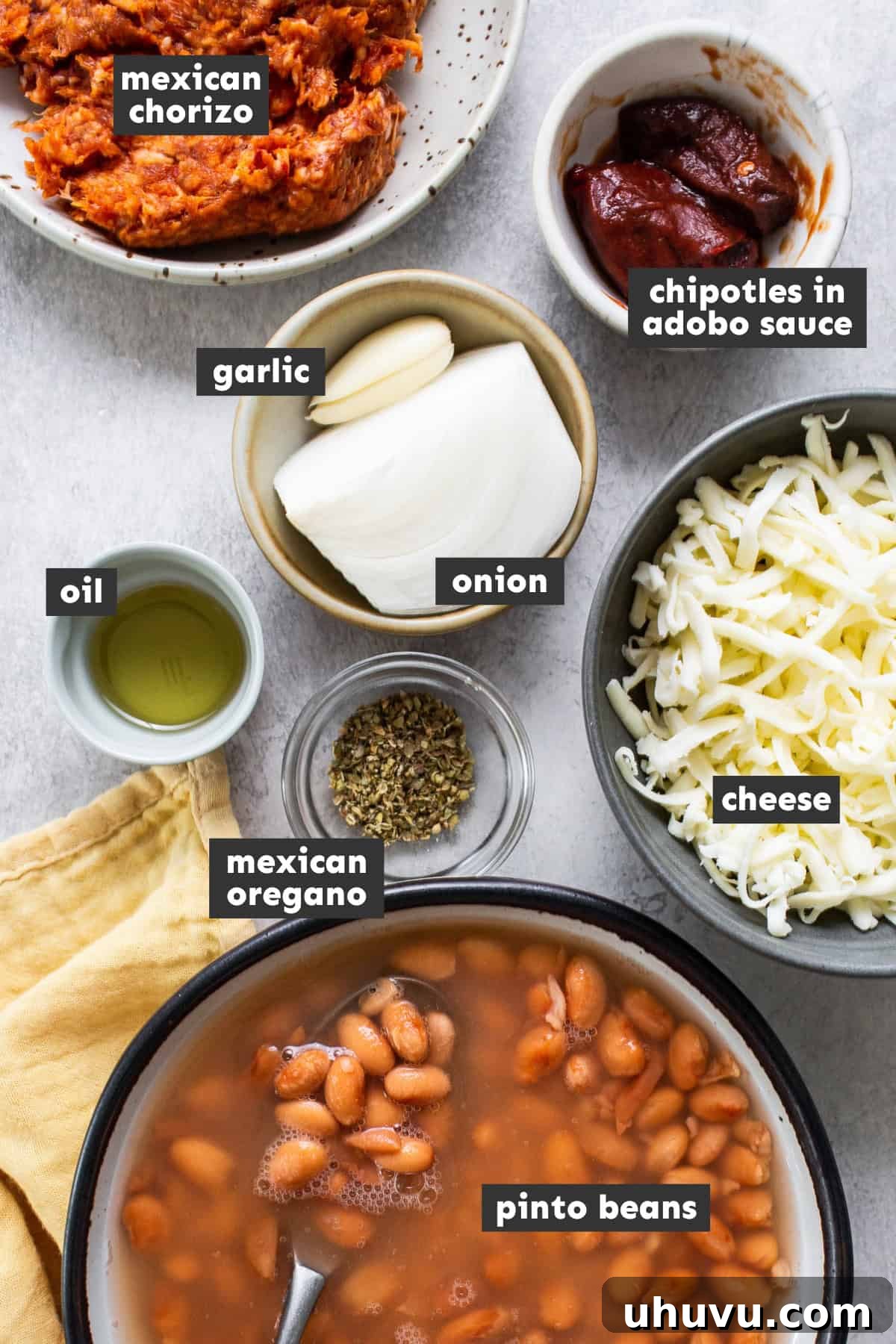 Decadent Pork Beans 3 Ingredients for frijoles puercos on a table.