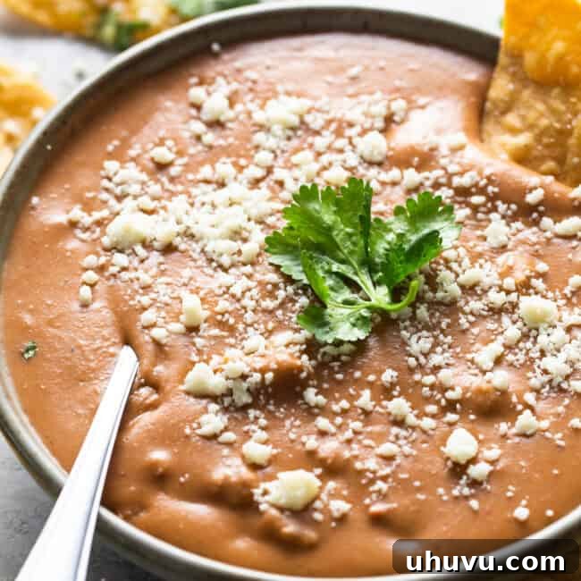 Decadent Pork Beans 9 Frijoles puercos in a bowl garnished with cotija cheese and cilantro.