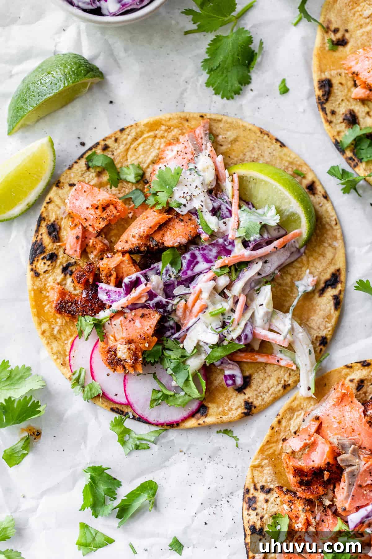 Salmon tacos topped with a cabbage slaw and garnished with chopped cilantro.