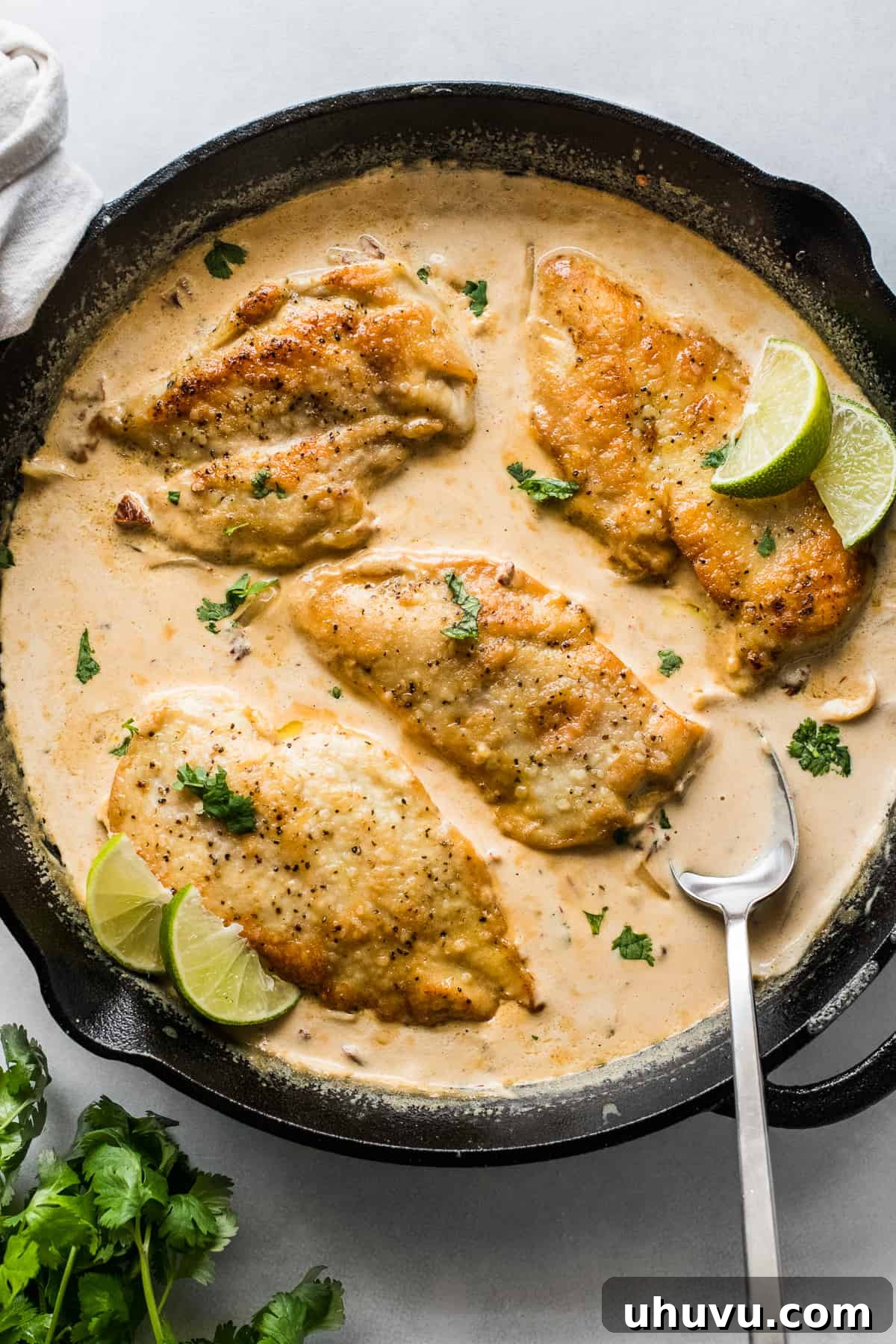 Pan-fried chicken in a chipotle cream sauce in a large skillet.
