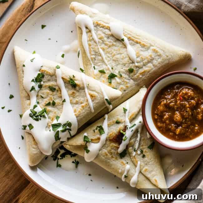 Tetelas on a plate served with Mexican crema, salsa, and chopped cilantro.