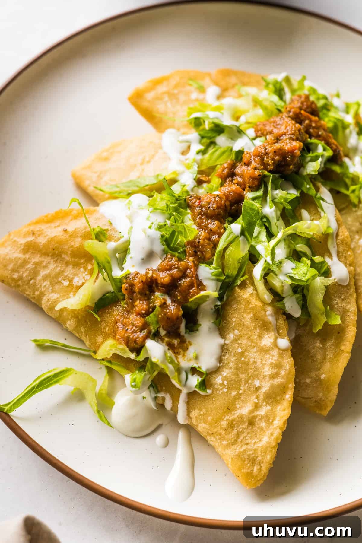 Golden Fried Cheesy Pockets 2 Golden brown fried quesadillas (quesadillas fritas) arranged beautifully on a plate, garnished with fresh shredded lettuce, a drizzle of rich Mexican crema, and a vibrant red salsa.
