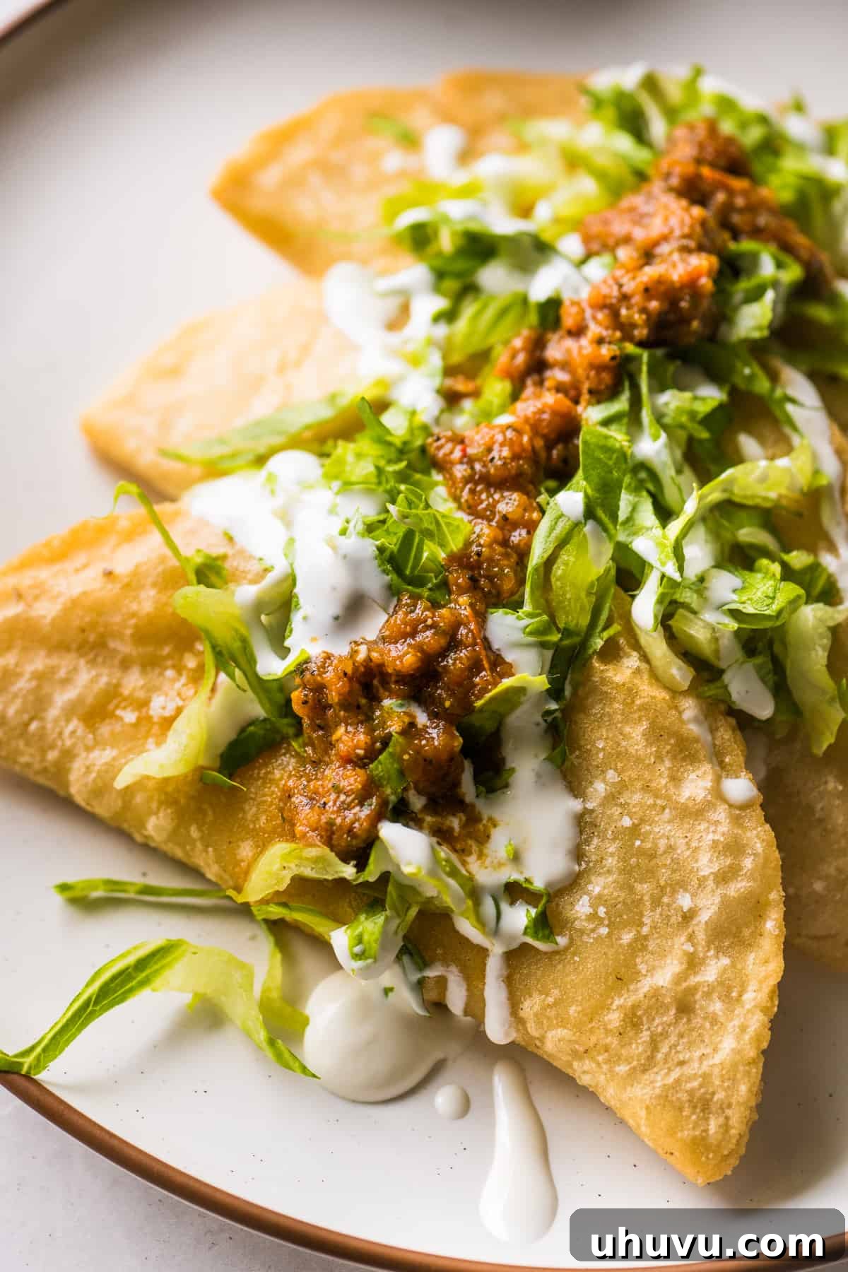 Golden Fried Cheesy Pockets 12 A close-up of golden and crispy fried quesadillas, beautifully garnished with fresh shredded lettuce, a generous swirl of Mexican crema, and a vibrant salsa, ready to be enjoyed.