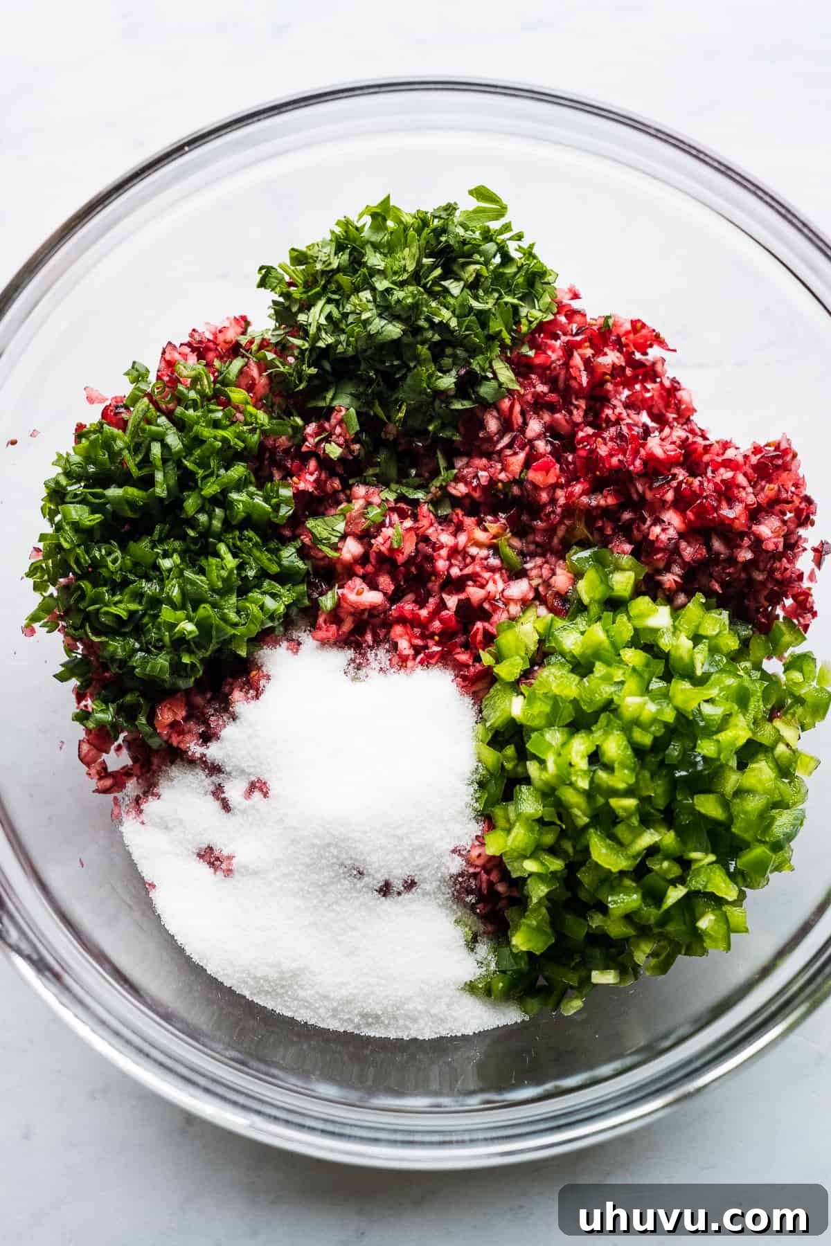 Tangy Cranberry Salsa 6 Chopped cranberries mixed with cilantro, sugar, green onions, jalapeños, orange juice, and lime juice in a bowl.
