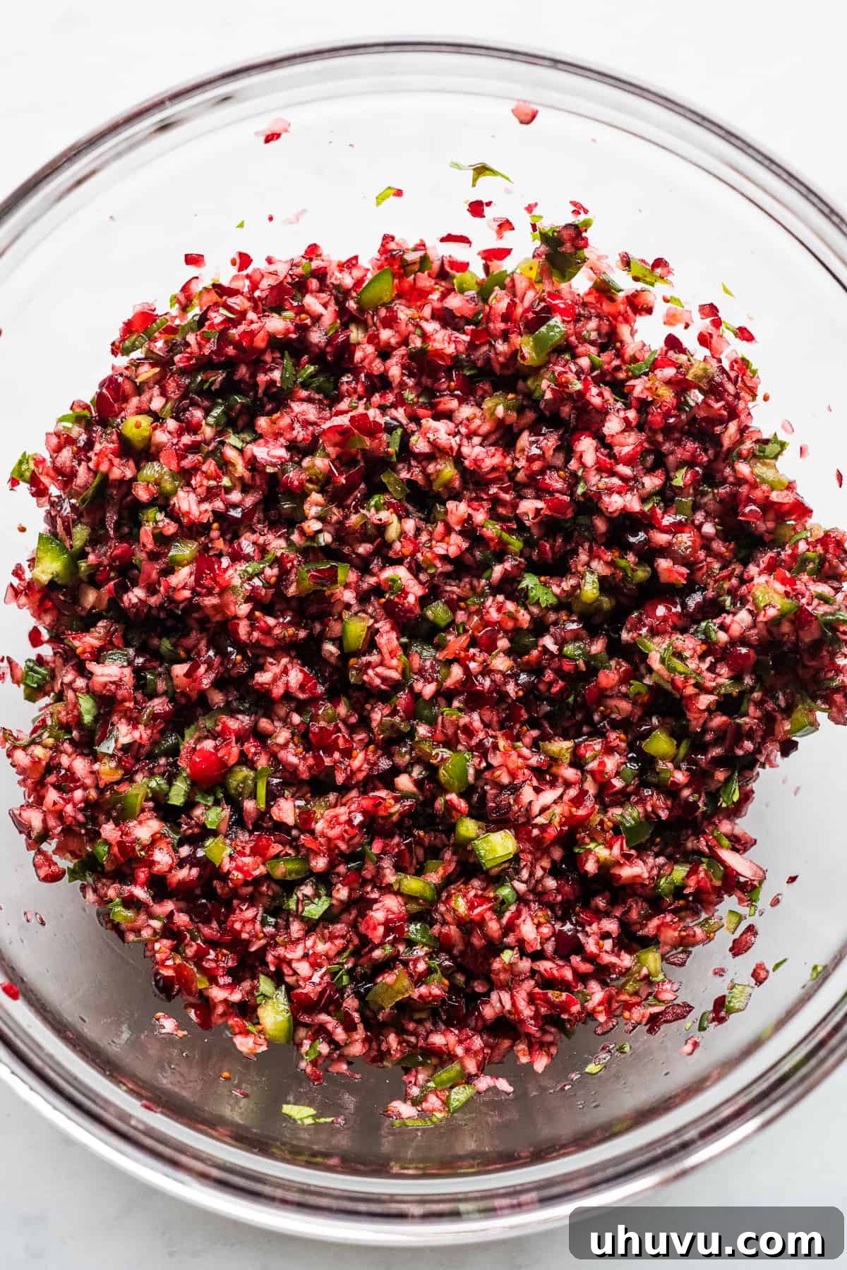 Tangy Cranberry Salsa 7 Vibrant cranberry salsa freshly mixed in a large bowl, showcasing its rich colors.