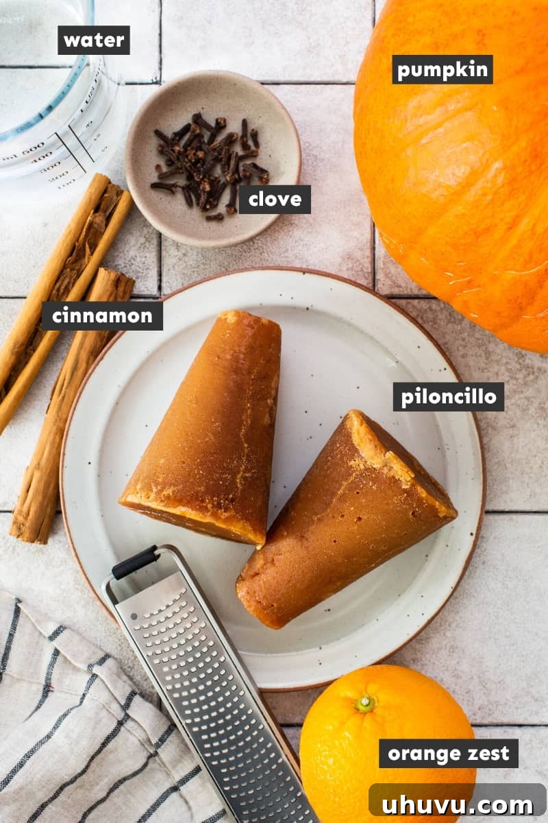 Mexican Candied Pumpkin 3 Calabaza en tacha ingredients on a table.