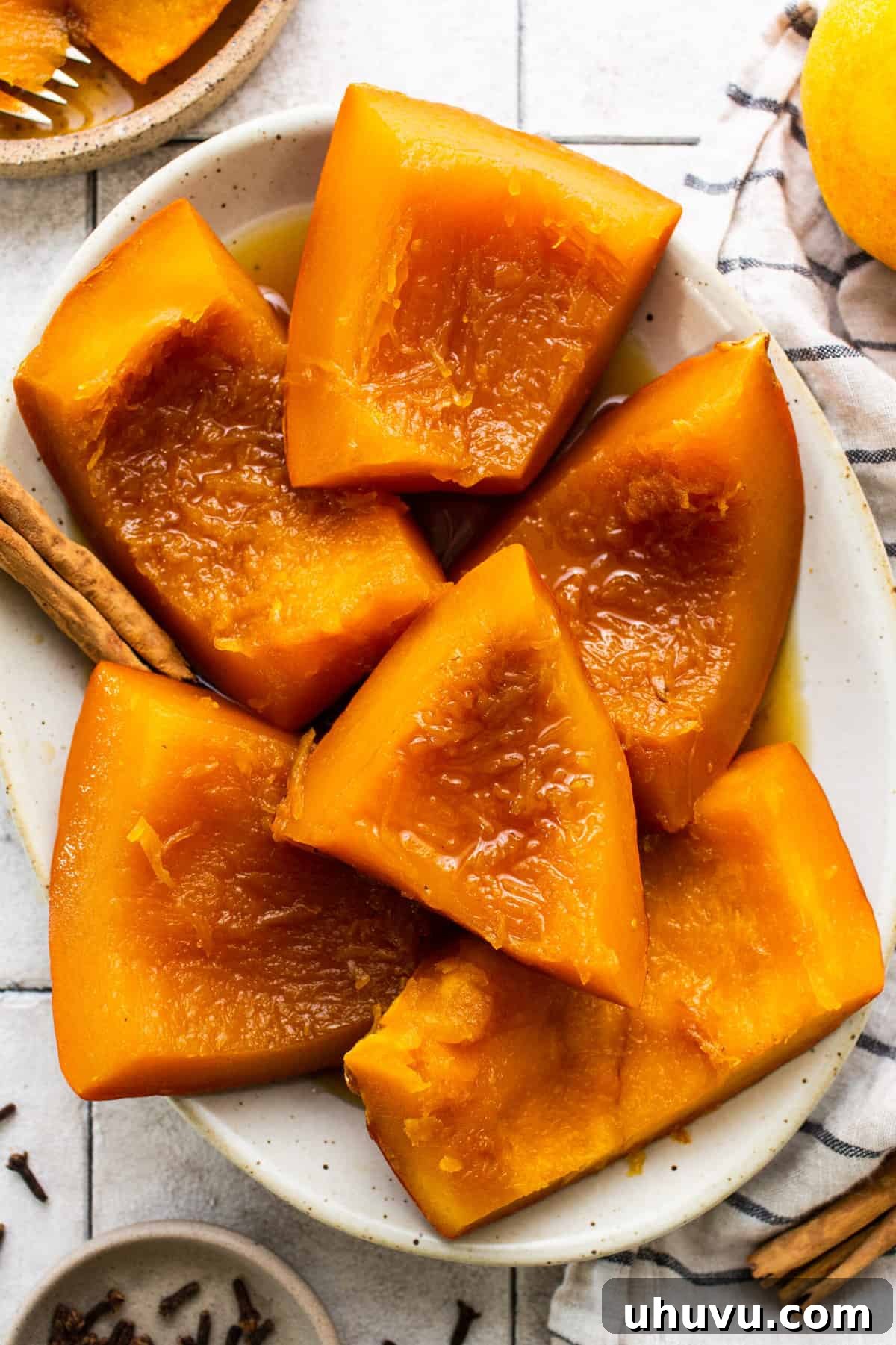 Mexican Candied Pumpkin 8 Calabaza en tacha on a serving platter ready to be eaten.