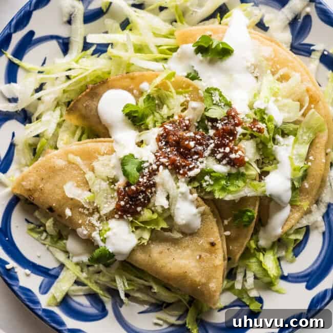 Golden Crispy Tacos 11 Tacos dorados on a plate served with shredded lettuce, Mexican crema, and a roasted tomato salsa.