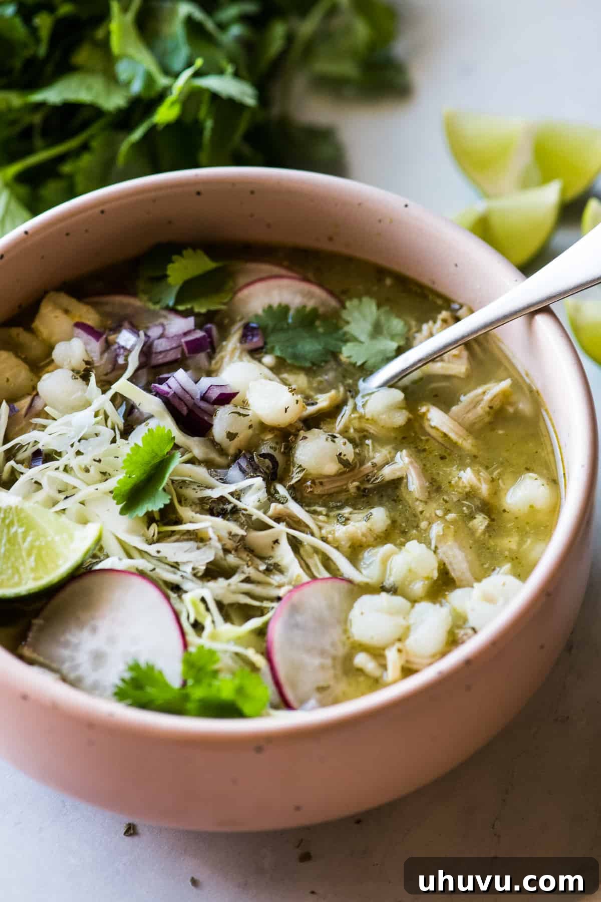 A steaming bowl of vibrant green Chicken Pozole Verde, garnished with fresh toppings and ready to be enjoyed.