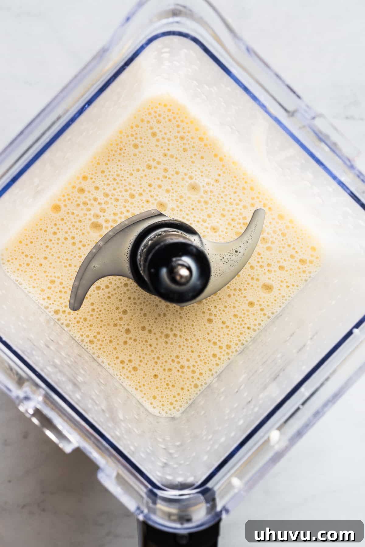Chocolate Flan Fusion 8 A close-up of the perfectly blended, creamy flan mixture inside a large blender, showcasing its smooth consistency.