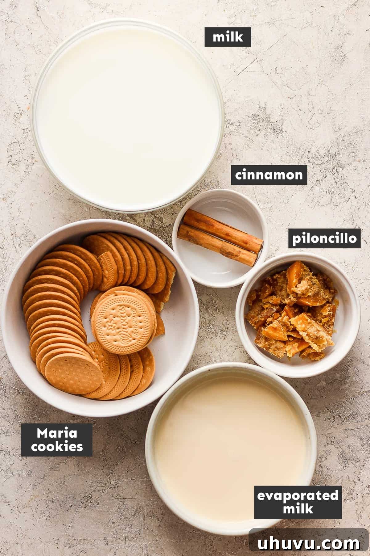 Homestyle María Biscuit Atole 3 Ingredients for atole de galletas on a table.