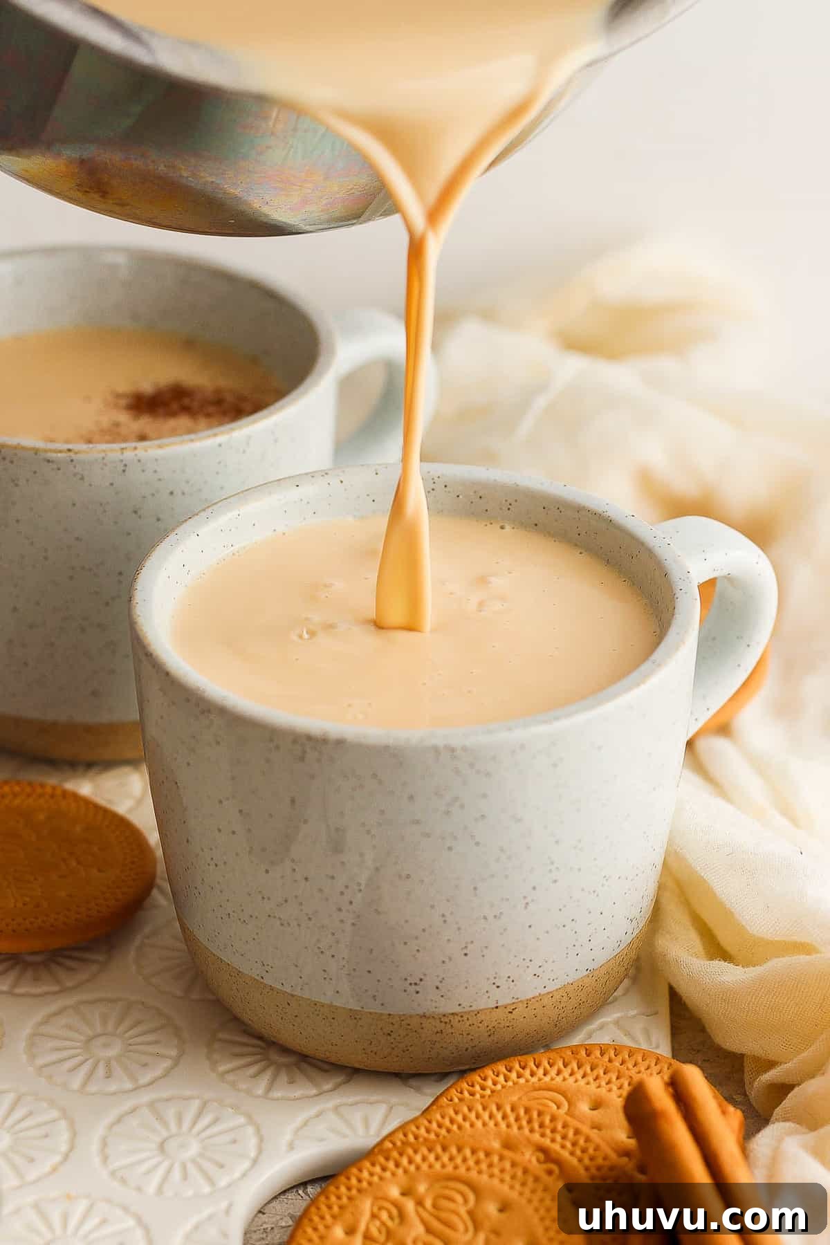 Homestyle María Biscuit Atole 10 Warm atole de galletas being poured into a mug and topped with ground cinnamon