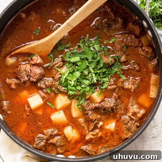 Carne con papas in a pot with cilantro stirred in.