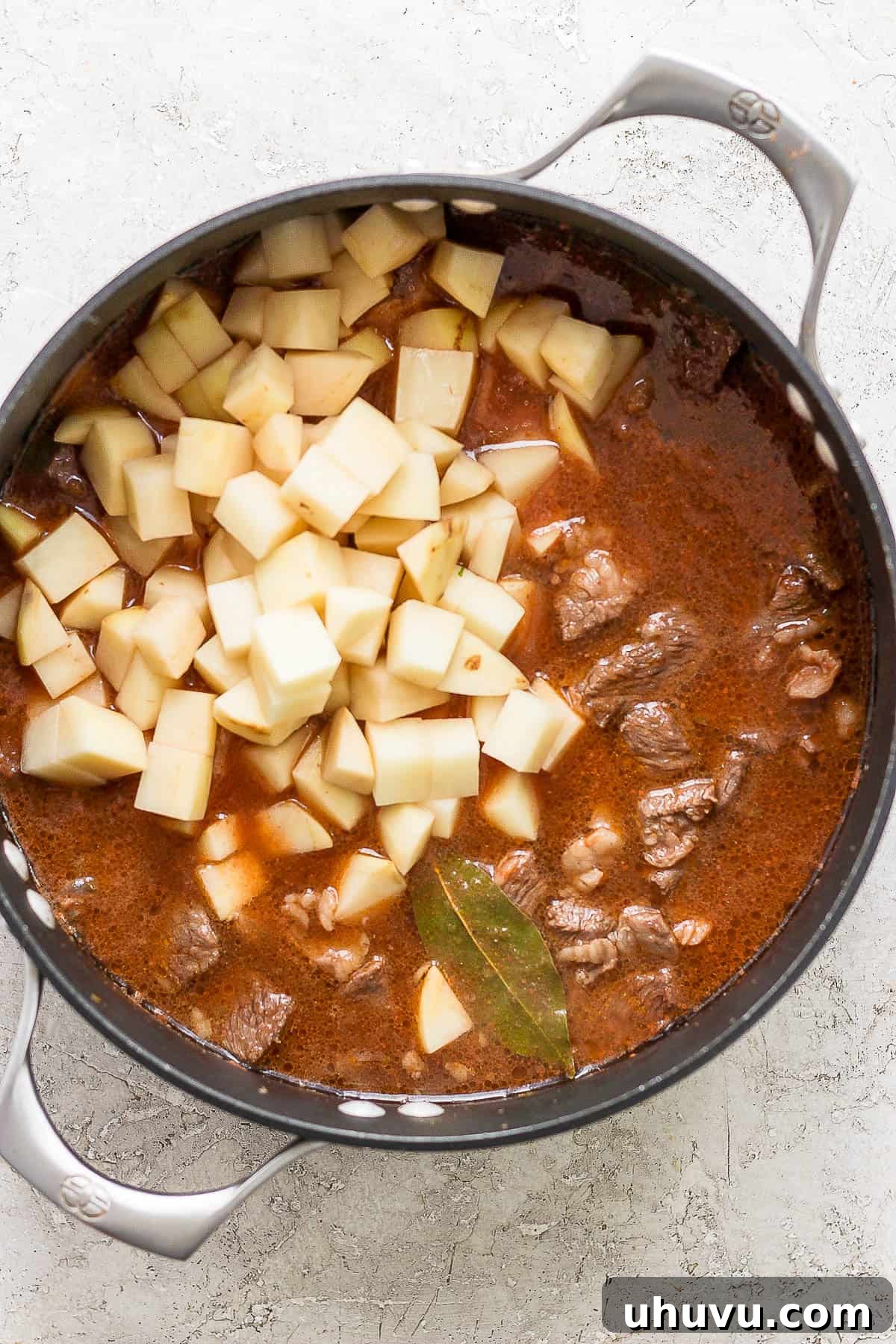 Homestyle Beef and Potatoes 8 A close-up view of Carne con Papas actively cooking in a pot, with tender beef and diced potatoes fully submerged in the simmering red sauce.