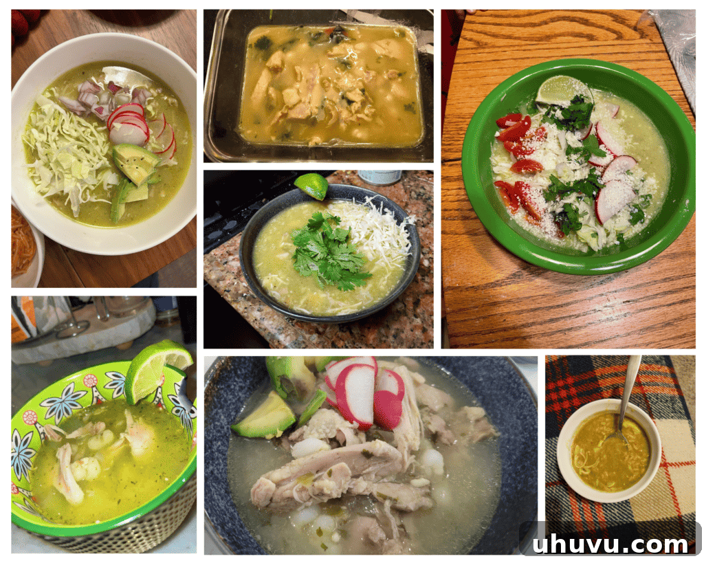 A collage of various home-cooked Chicken Pozole Verde dishes submitted by participants, showcasing their culinary interpretations.