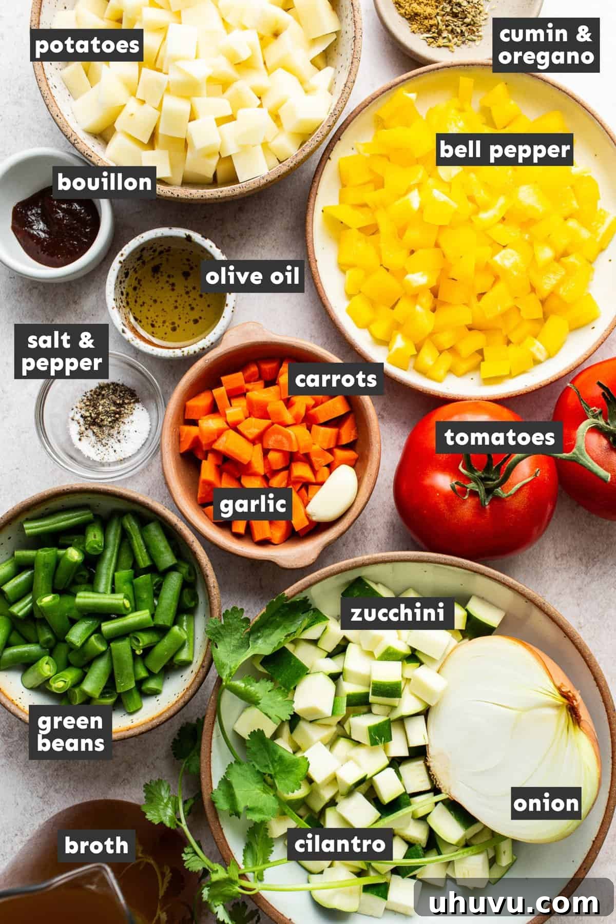 A flat lay of fresh ingredients laid out on a table, including Roma tomatoes, onions, garlic, carrots, zucchini, potatoes, bell peppers, green beans, and cilantro, all ready for making Mexican Vegetable Soup.