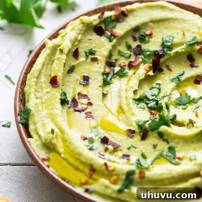 Green Goddess Hummus 9 Avocado hummus garnished with a drizzle of olive oil, chopped cilantro, and red pepper flakes.