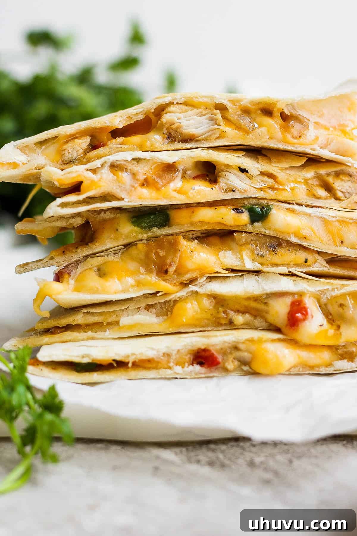 Top 20 Irresistible Mexican Bites for Your Epic Fiesta 18 Perfectly golden-brown Chicken Quesadillas stacked, revealing their cheesy filling.