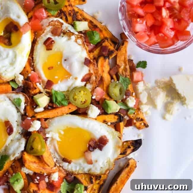 Baked Loaded Sweet Potato Breakfast Fries with all toppings
