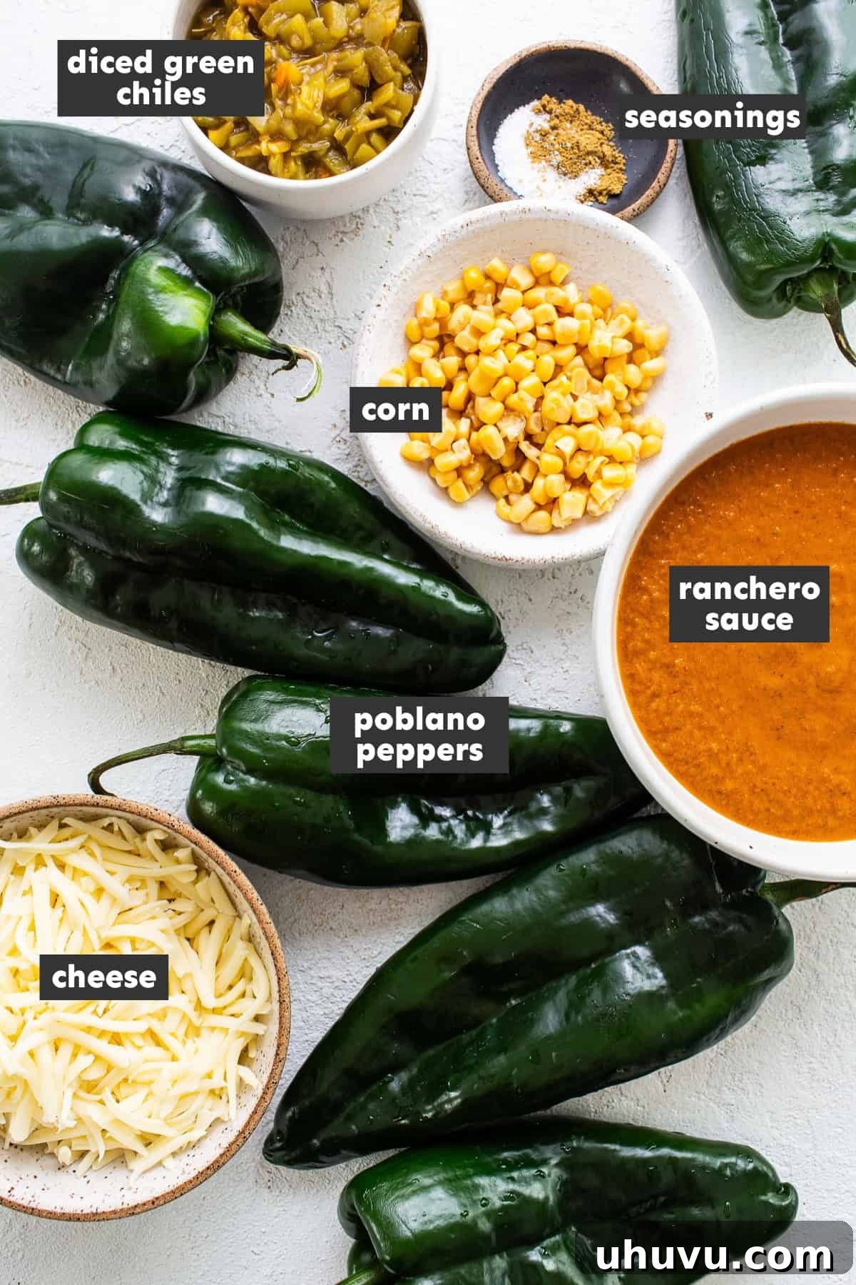 Easy Baked Chile Rellenos 3 Ingredients for baked chile relleno laid out on a table.