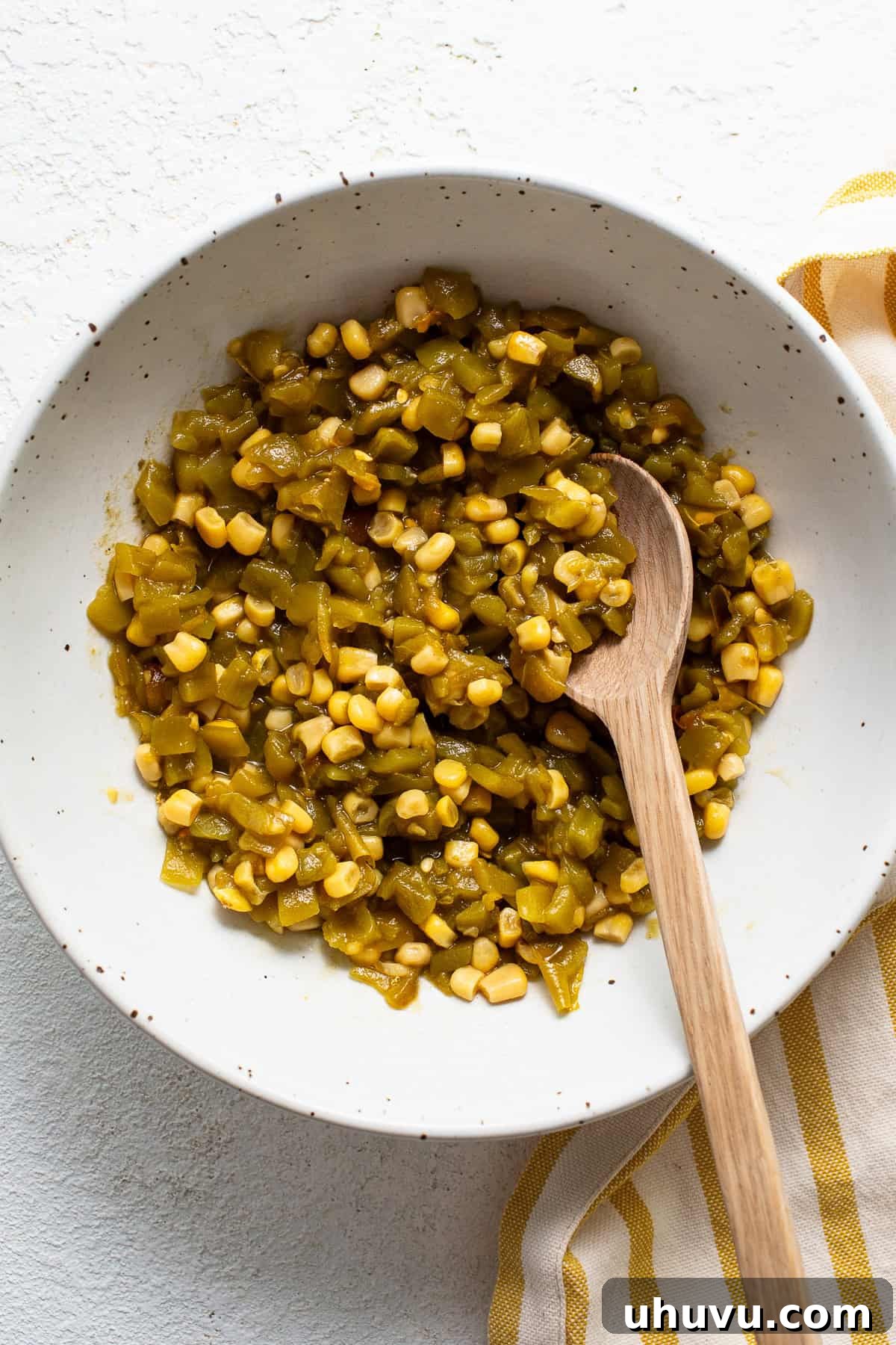 Easy Baked Chile Rellenos 5 A bowl of corn and diced green chiles, prepared for the filling.