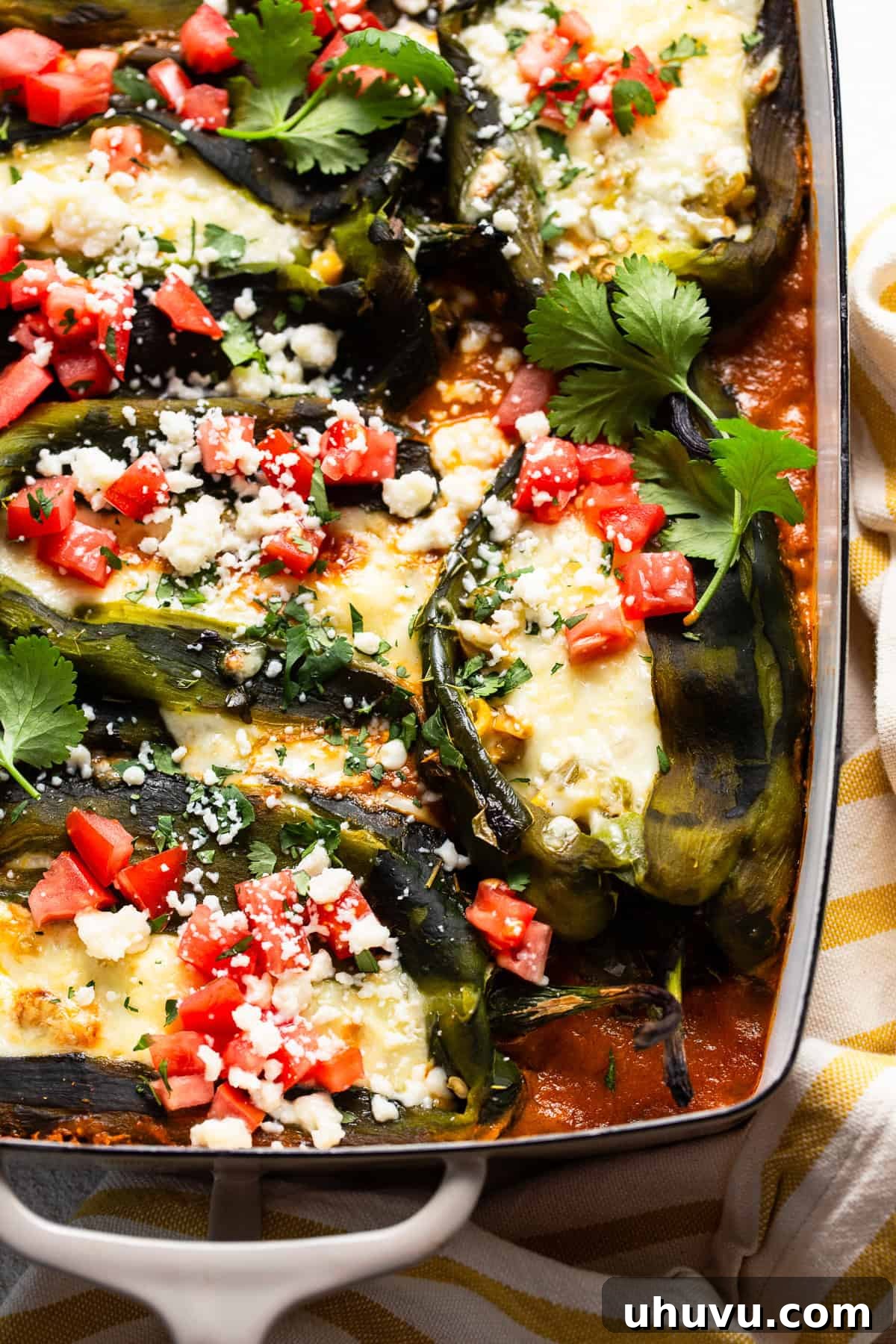 Easy Baked Chile Rellenos 7 Baked chile relleno topped with diced tomatoes, cilantro, and cotija cheese, ready to serve.