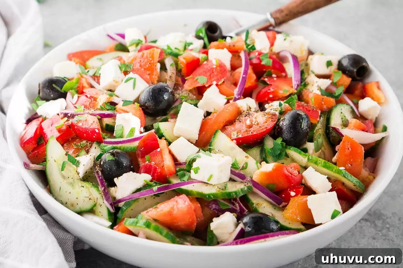 Close up view of fresh, vibrant Greek salad ingredients