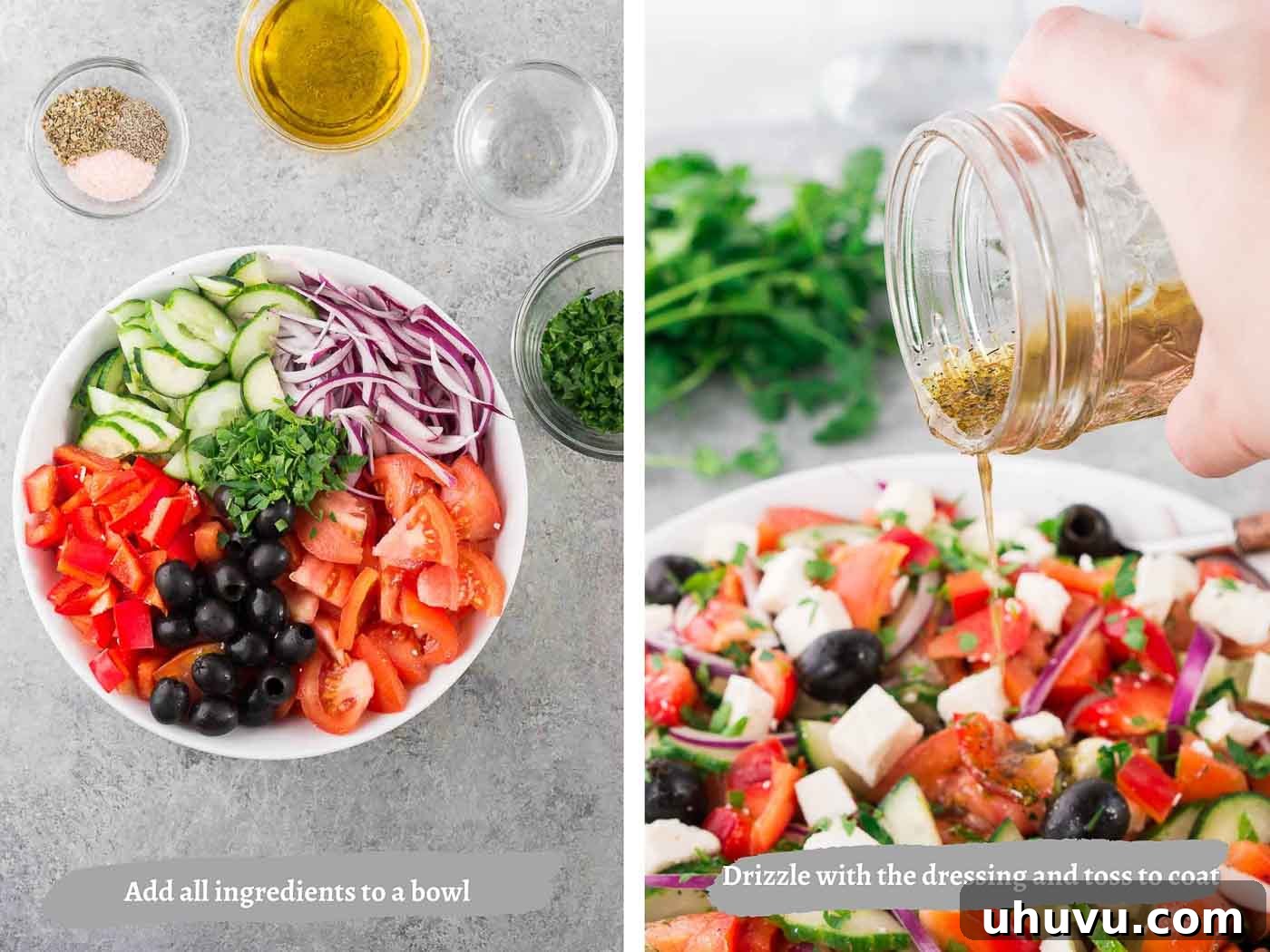 Process shots of preparing Greek Salad, showing dressing drizzling
